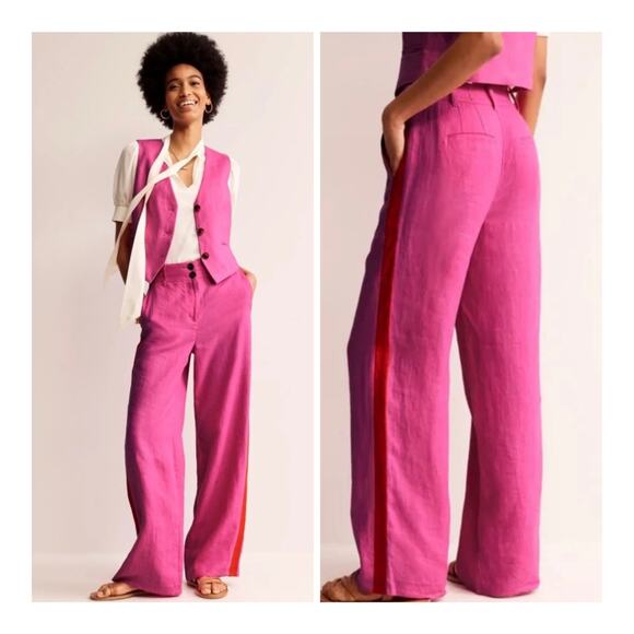 Boden Westbourne 100% Linen Wide Leg Pop Pansy Red Tuxedo Stripe Trousers 12R - Picture 1 of 11